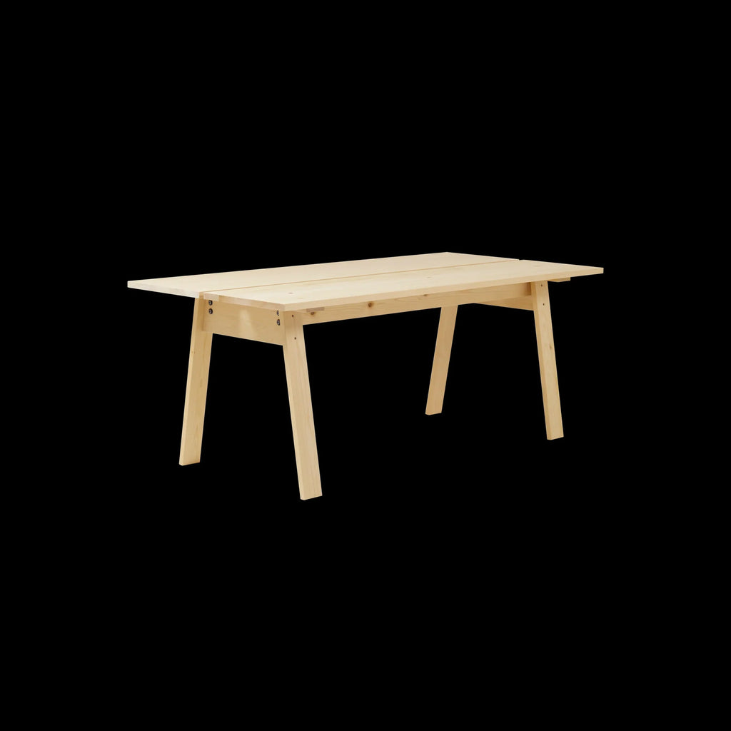 Ishinomaki Laboratory Os Table โต๊ะไม้โครงสร้าง A-frame พร้อมร่องกลางสำหรับสายไฟ ออกแบบโดย Paul Vaugoyeau