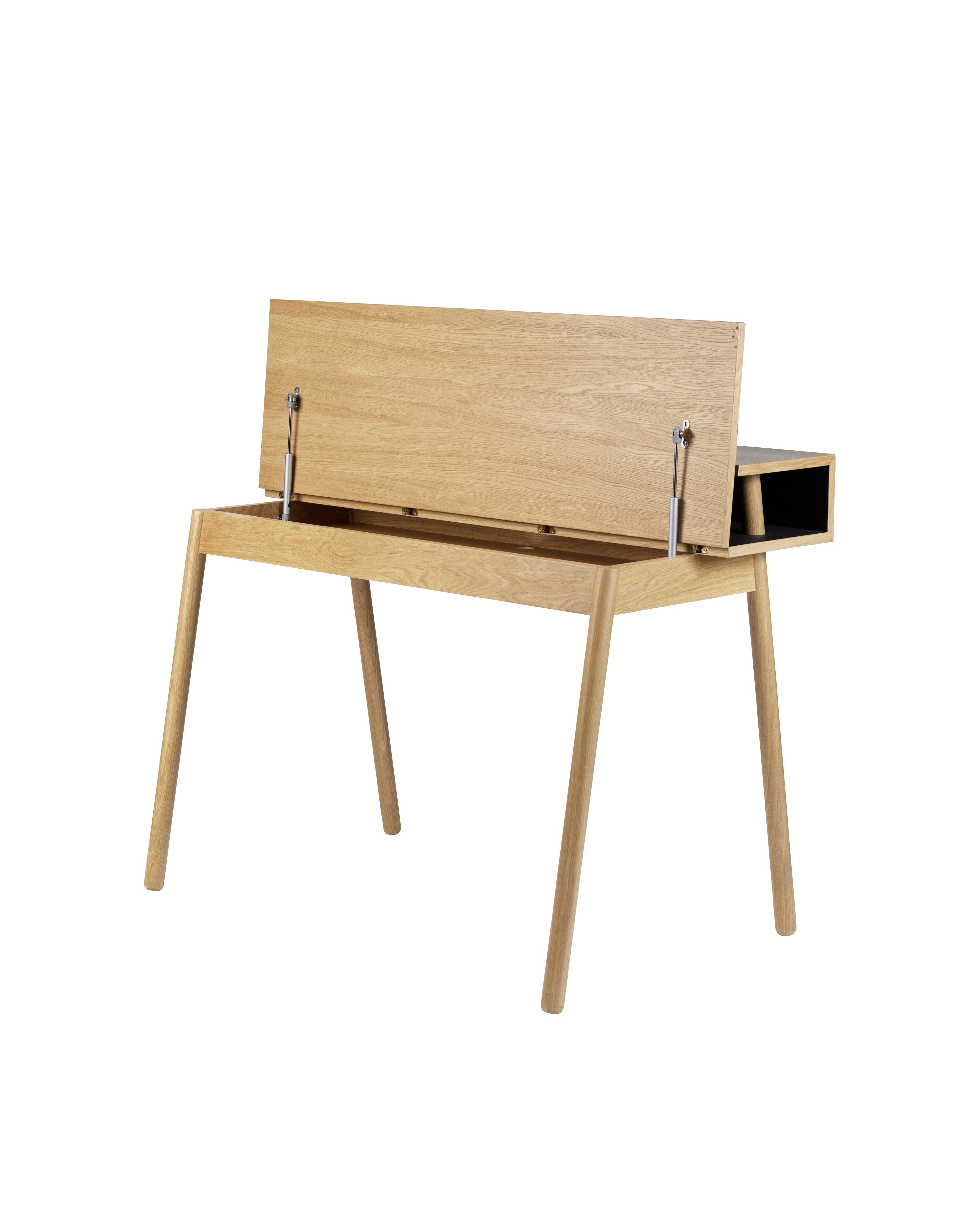 FDB Møbler C68 Nørrebro Desk โต๊ะทำงานไม้โอ๊กพร้อมชั้นวางยกสูง และท็อปลิโนเลียมสองสี Mushroom และ Nero ออกแบบโดย Isabel Ahm
