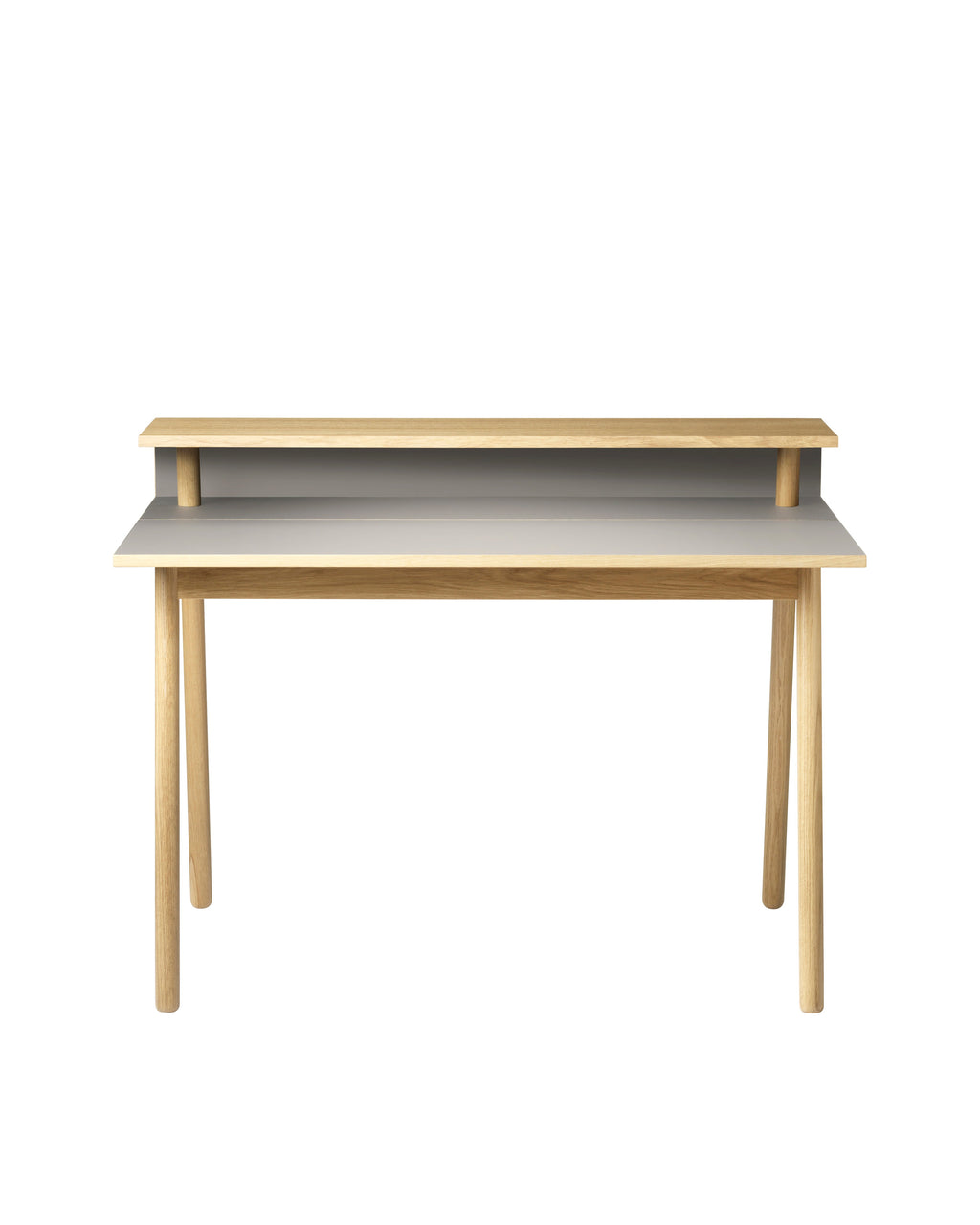 FDB Møbler C68 Nørrebro Desk โต๊ะทำงานไม้โอ๊กพร้อมชั้นวางยกสูง และท็อปลิโนเลียมสองสี Mushroom และ Nero ออกแบบโดย Isabel Ahm