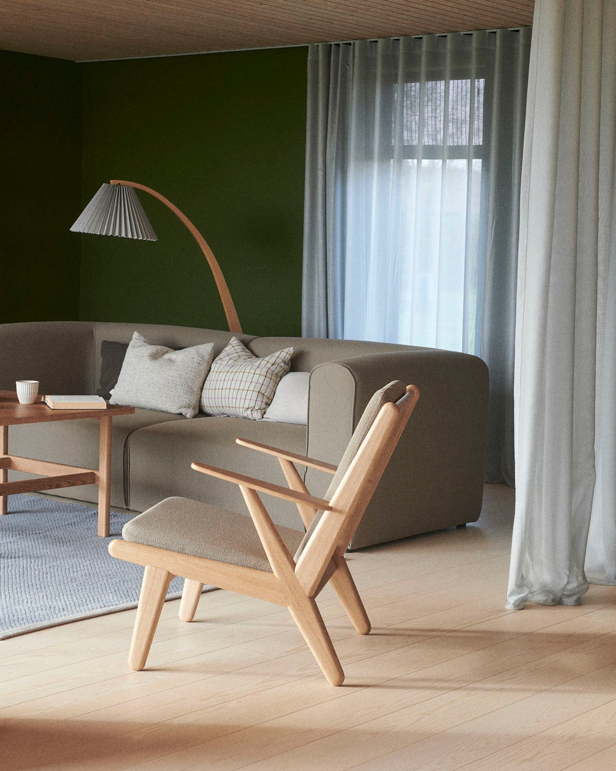 FDB Møbler J53 Armchair โดย Poul M. Volther โครงไม้โอ๊กเคลือบน้ำมัน บุผ้าเลือกได้หลายแบบ เช่น Monza, Cosmo, Grain, Main Line Flax ดีไซน์ปี 1953