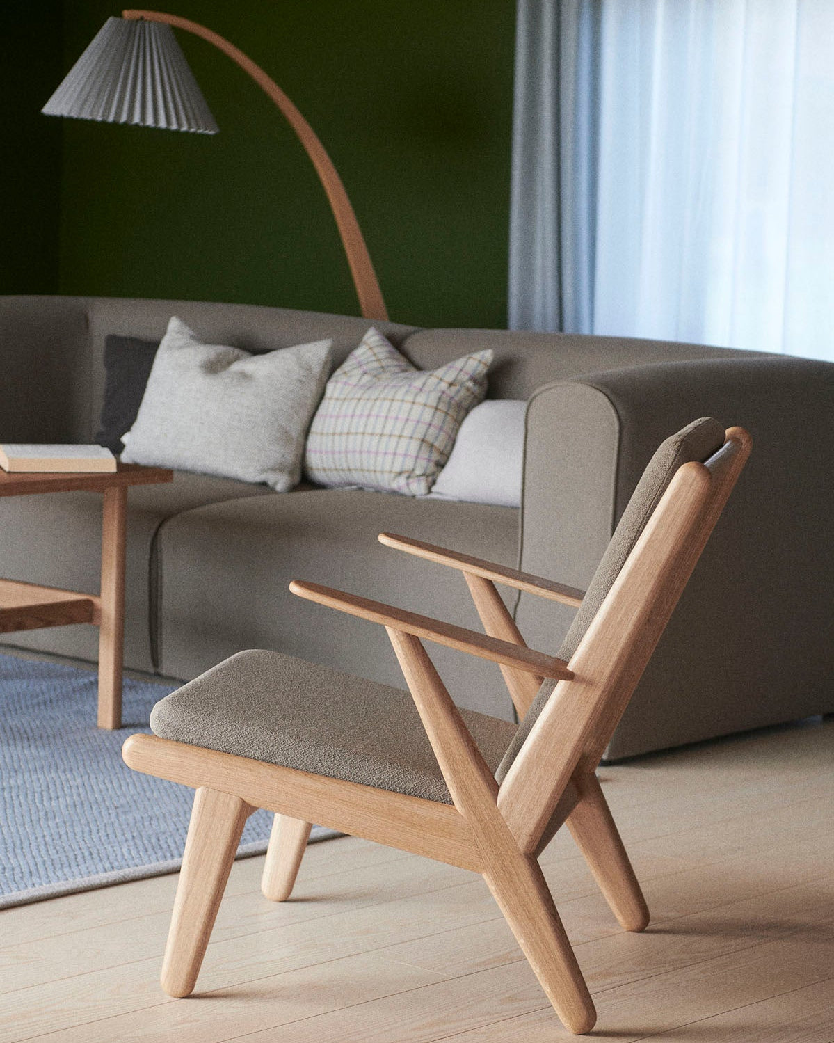 FDB Møbler J53 Armchair โดย Poul M. Volther โครงไม้โอ๊กเคลือบน้ำมัน บุผ้าเลือกได้หลายแบบ เช่น Monza, Cosmo, Grain, Main Line Flax ดีไซน์ปี 1953