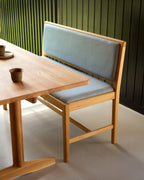 FDB Møbler J176 Sønderborg เบนช์ไม้โอ๊กเคลือบน้ำมัน พร้อมเบาะผ้า Meleret หรือ Ploegwool Blue ออกแบบโดย Mogens Koch