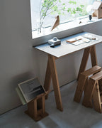 Ishinomaki Laboratory AA Desk โต๊ะทำงานไม้โครงสร้าง AA frame แผ่นท็อป linoleum ออกแบบโดย TORAFU ARCHITECTS