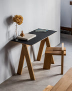 Ishinomaki Laboratory AA Desk โต๊ะทำงานไม้โครงสร้าง AA frame แผ่นท็อป linoleum ออกแบบโดย TORAFU ARCHITECTS