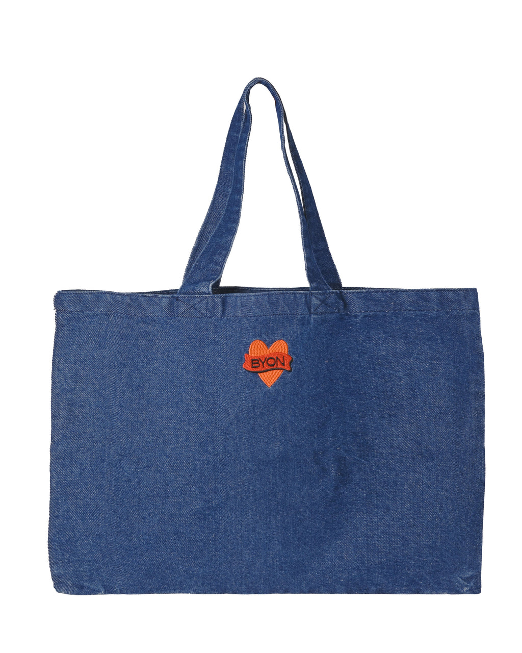 กระเป๋า Byon ผ้ายีนส์ออร์แกนิกสีน้ำเงินเข้ม โลโก้หัวใจสีแดง ดีไซน์สวีเดน สไตล์วินเทจ ขนาดใหญ่ ใส่ของได้เยอะ เหมาะสำหรับใช้ในชีวิตประจำวัน