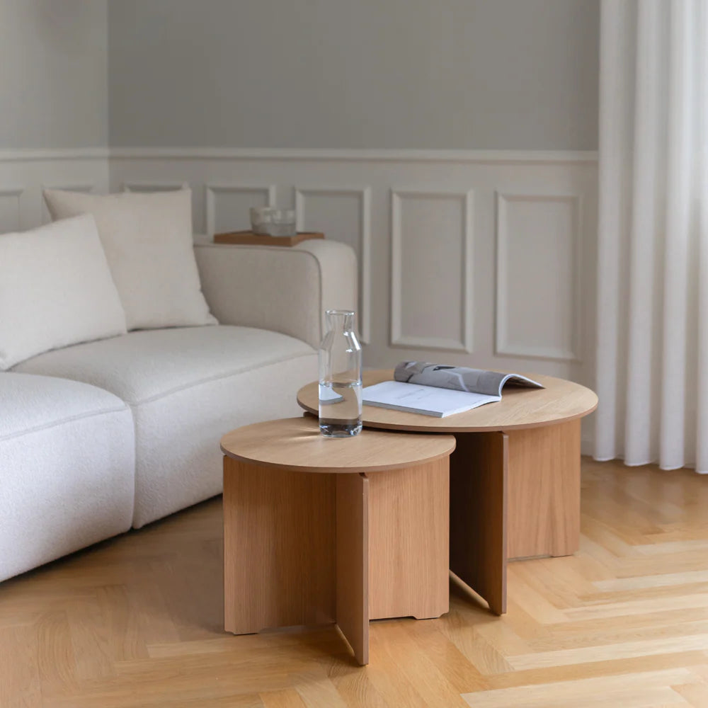 MAKE nordic CROSS Round Coffee Table โต๊ะกลางทรงกลมไม้โอ๊คดีไซน์มินิมอลโครงสร้างไขว้ ออกแบบโดย Esben Pilgaard Jørgensen