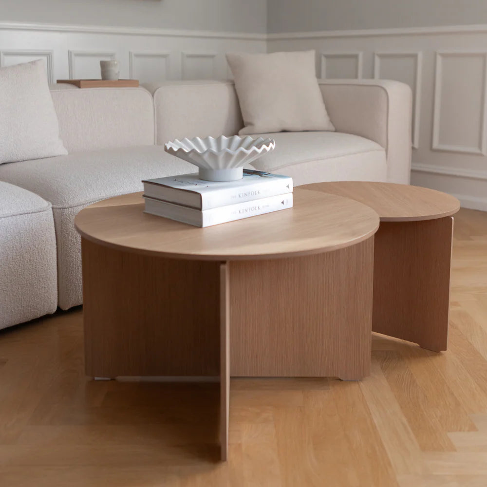 MAKE nordic CROSS Round Coffee Table โต๊ะกลางทรงกลมไม้โอ๊คดีไซน์มินิมอลโครงสร้างไขว้ ออกแบบโดย Esben Pilgaard Jørgensen