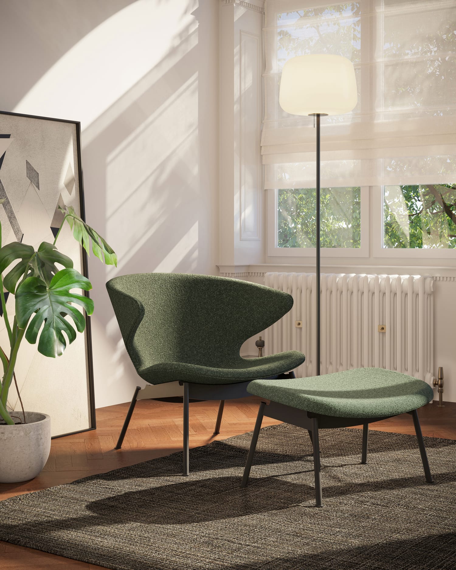 Case Furniture Ella Ottoman สตูลพักเท้าทรงโมเดิร์น หุ้มผ้า Bouclé เนื้อนุ่ม พร้อมฐานให้เลือก 4 แบบ ทั้งเหล็กดำ สเตนเลส ไม้โอ๊ค และไม้วัลนัต ออกแบบโดย Matthew Hilton ใช้คู่กับ Ella Lounge Chair