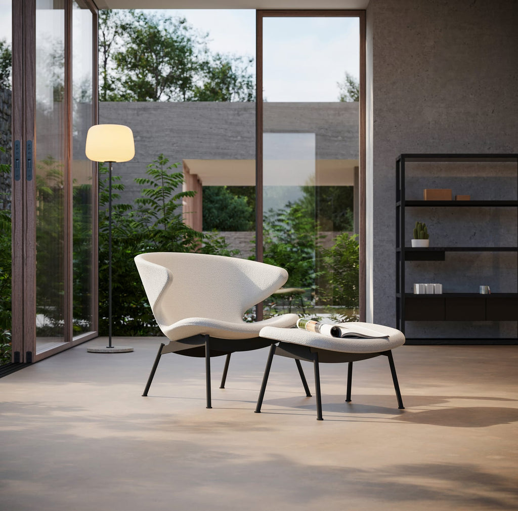 Case Furniture Ella Ottoman สตูลพักเท้าทรงโมเดิร์น หุ้มผ้า Bouclé เนื้อนุ่ม พร้อมฐานให้เลือก 4 แบบ ทั้งเหล็กดำ สเตนเลส ไม้โอ๊ค และไม้วัลนัต ออกแบบโดย Matthew Hilton ใช้คู่กับ Ella Lounge Chair