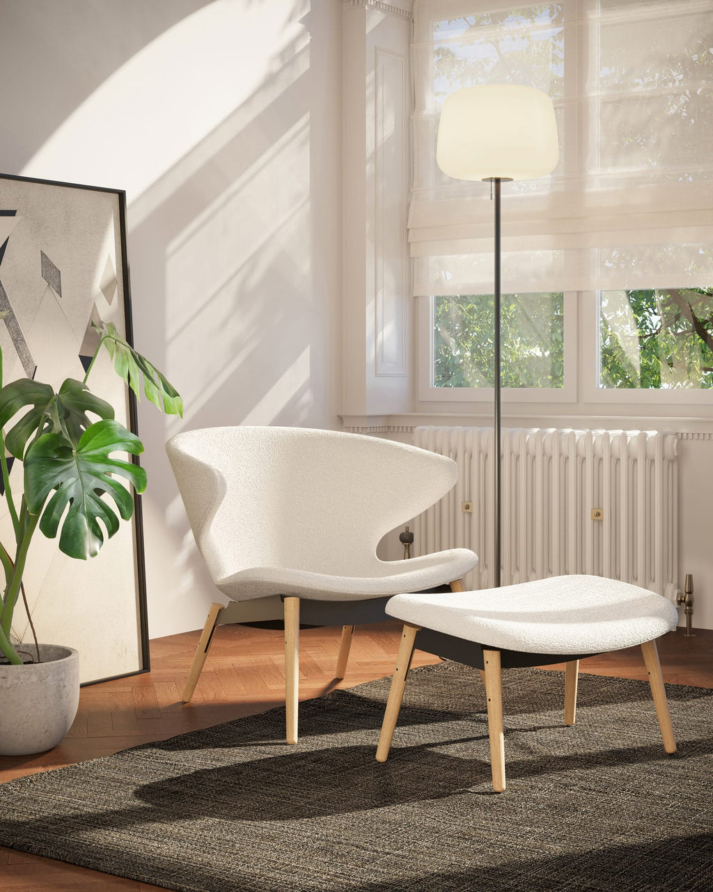 Case Furniture Ella Ottoman สตูลพักเท้าทรงโมเดิร์น หุ้มผ้า Bouclé เนื้อนุ่ม พร้อมฐานให้เลือก 4 แบบ ทั้งเหล็กดำ สเตนเลส ไม้โอ๊ค และไม้วัลนัต ออกแบบโดย Matthew Hilton ใช้คู่กับ Ella Lounge Chair