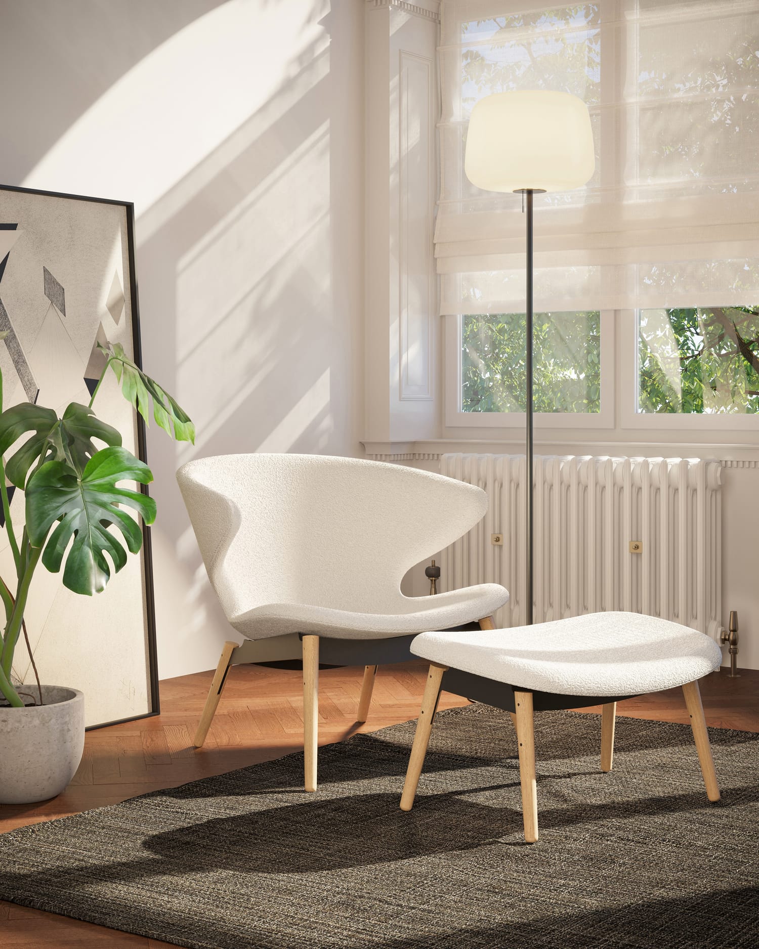 Case Furniture Ella Ottoman สตูลพักเท้าทรงโมเดิร์น หุ้มผ้า Bouclé เนื้อนุ่ม พร้อมฐานให้เลือก 4 แบบ ทั้งเหล็กดำ สเตนเลส ไม้โอ๊ค และไม้วัลนัต ออกแบบโดย Matthew Hilton ใช้คู่กับ Ella Lounge Chair