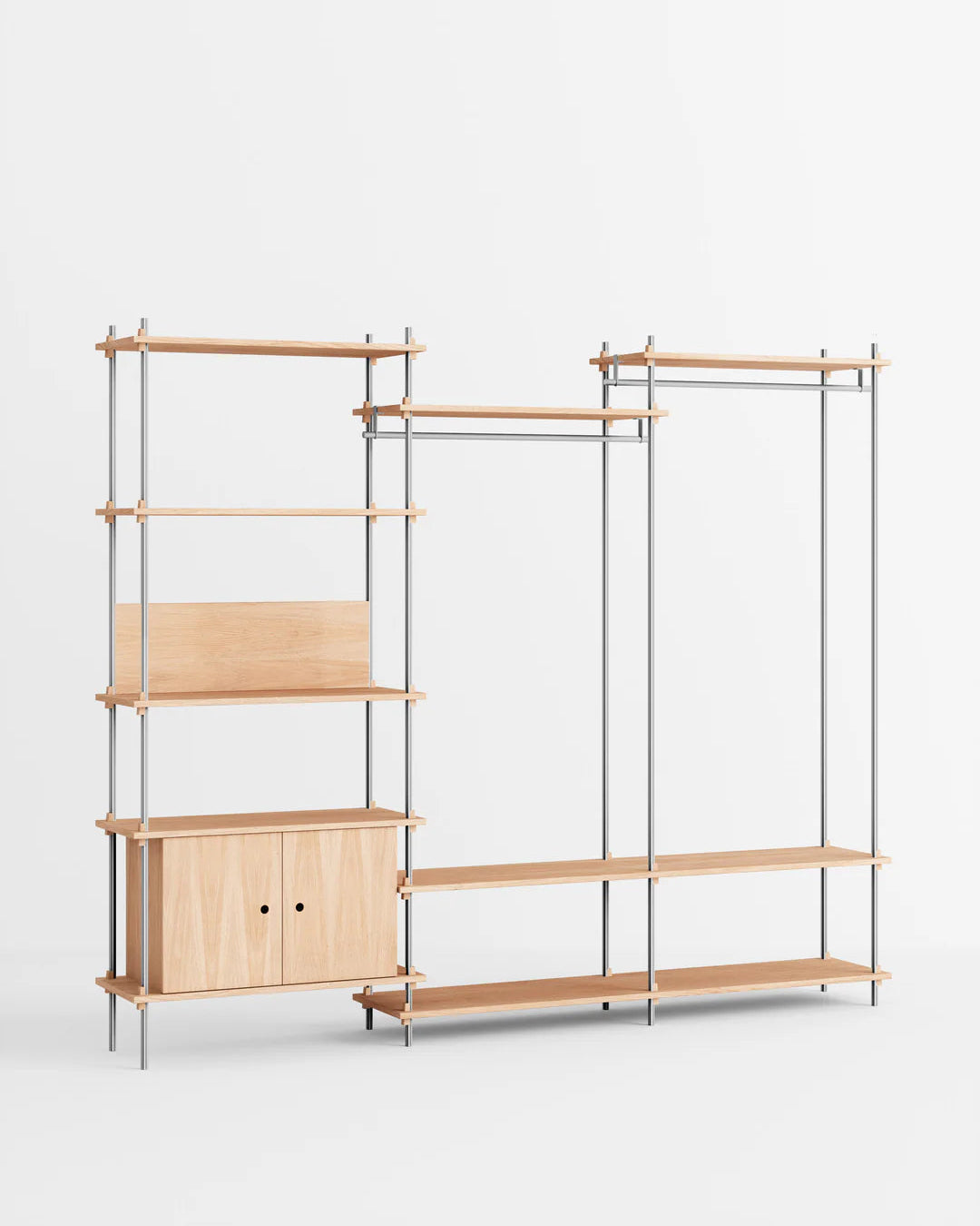 ราวแขวนผ้า MOEBE แบบโมดูลาร์ ทำจากไม้โอ๊กสไตล์สแกนดิเนเวียน นำเข้าโดย Old Pine Trees ปรับแต่งได้ไม่สิ้นสุด เพิ่มชิ้นส่วนหรือปรับรูปแบบได้ตามต้องการ โครงสร้างแบบคอมโพเนนต์ แข็งแรง ใช้งานได้นาน เหมาะสำหรับการจัดเก็บเสื้อผ้าและตกแต่งบ้านในสไตล์สแกนดิเนเวียนอย่างเป็นระเบียบ