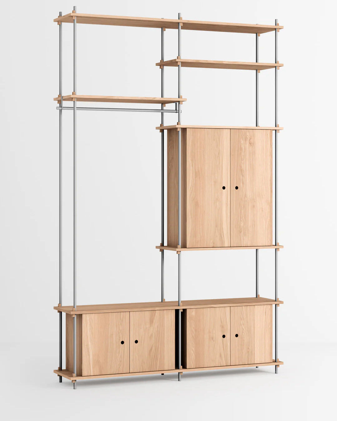 ราวแขวนผ้า MOEBE แบบโมดูลาร์ ทำจากไม้โอ๊กสไตล์สแกนดิเนเวียน นำเข้าโดย Old Pine Trees ปรับแต่งได้ไม่สิ้นสุด เพิ่มชิ้นส่วนหรือปรับรูปแบบได้ตามต้องการ โครงสร้างแบบคอมโพเนนต์ แข็งแรง ใช้งานได้นาน เหมาะสำหรับการจัดเก็บเสื้อผ้าและตกแต่งบ้านในสไตล์สแกนดิเนเวียนอย่างเป็นระเบียบ