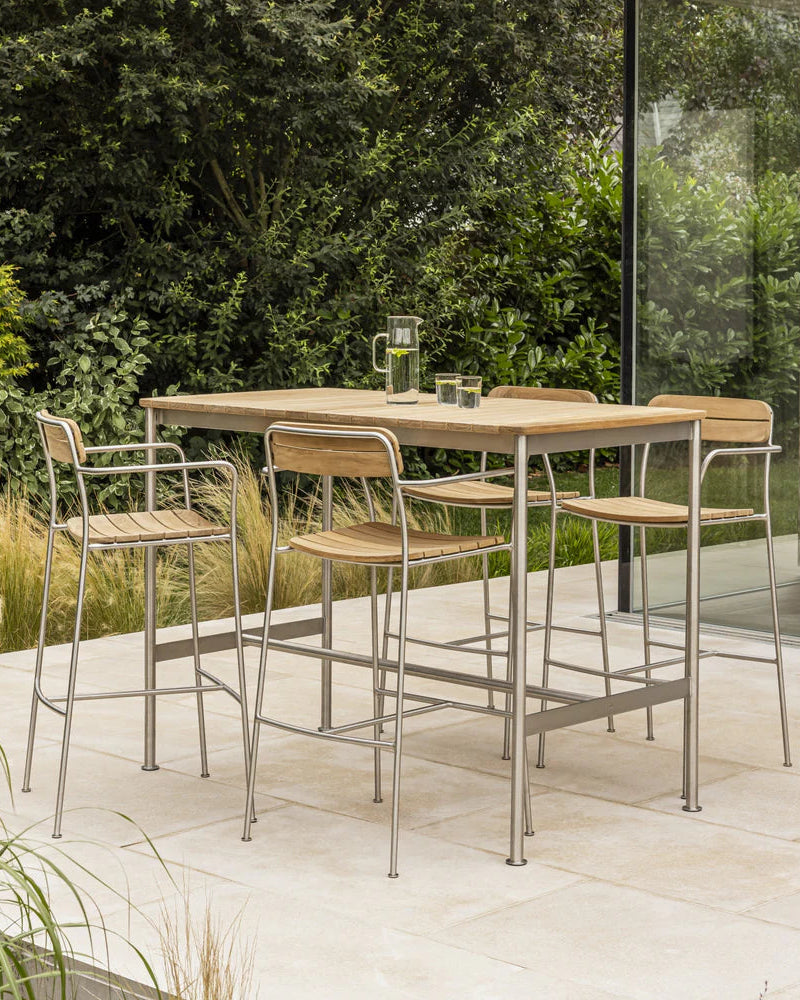 Solas Bar Stool สตูลบาร์กลางแจ้งที่นั่งไม้สักโครงสแตนเลส ออกแบบโดย Matthew Hilton