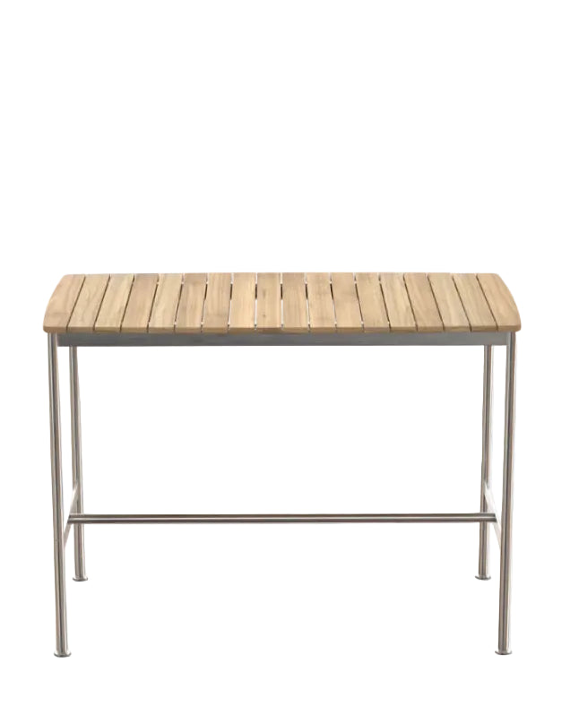 Solas Bar Table โต๊ะบาร์กลางแจ้งหน้าไม้สักโครงสแตนเลส ออกแบบโดย Matthew Hilton