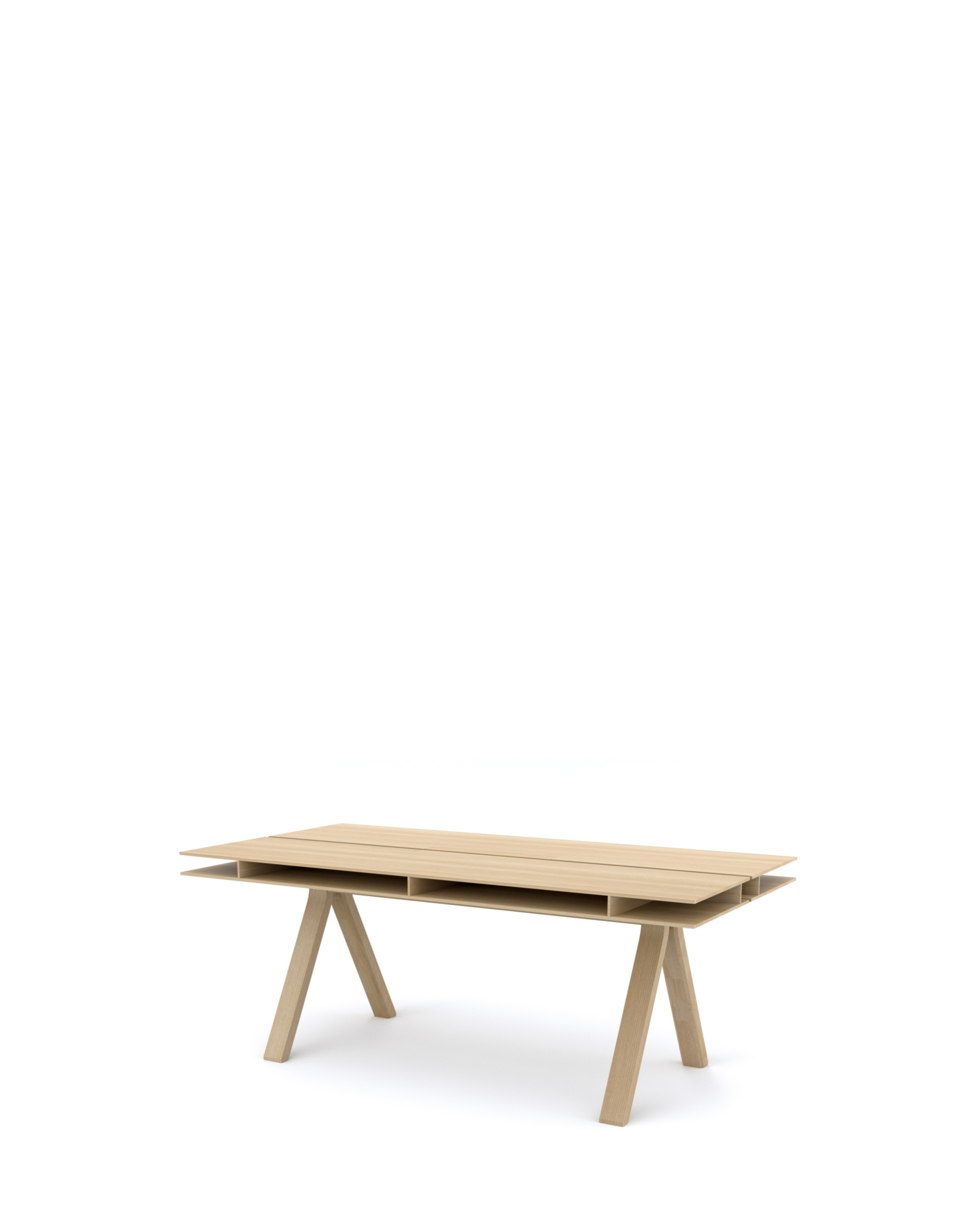 Karimoku New Standard Spectrum Workstation DT190 โต๊ะประชุมไม้โอ๊คดีไซน์ double tabletop พร้อมช่องเก็บของและระบบจัดการสายไฟ ออกแบบโดย Geckeler Michels
