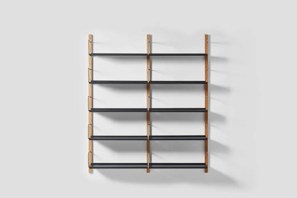Very Good & Proper Croquet Wall Shelving ชั้นวางติดผนัง โครงไม้ oak และเหล็ก modular ออกแบบโดย Michael Marriott