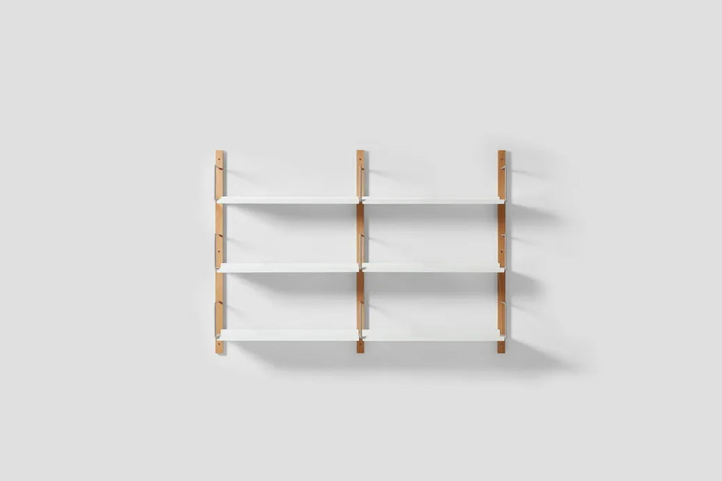 Very Good & Proper Croquet Wall Shelving ชั้นวางติดผนัง โครงไม้ oak และเหล็ก modular ออกแบบโดย Michael Marriott