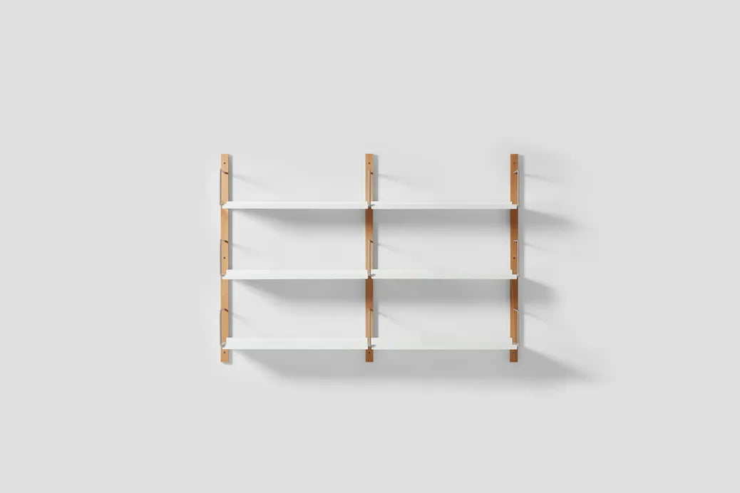Very Good & Proper Croquet Wall Shelving ชั้นวางติดผนัง โครงไม้ oak และเหล็ก modular ออกแบบโดย Michael Marriott