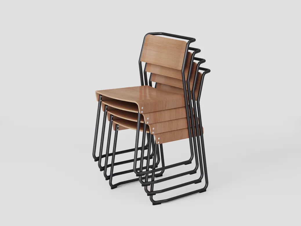 Very Good & Proper Canteen Utility Chair เก้าอี้โครงเหล็ก ที่นั่ง plywood แบบซ้อนเก็บได้ ออกแบบโดย Ed Carpenter และ André Klauser