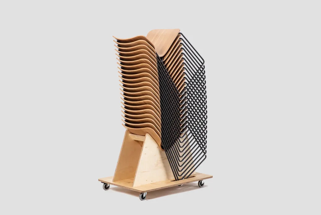 Very Good & Proper Pino Super Stacker เก้าอี้โครงเหล็ก ที่นั่ง plywood ซ้อนเก็บได้จำนวนมาก ออกแบบโดย John Tree
