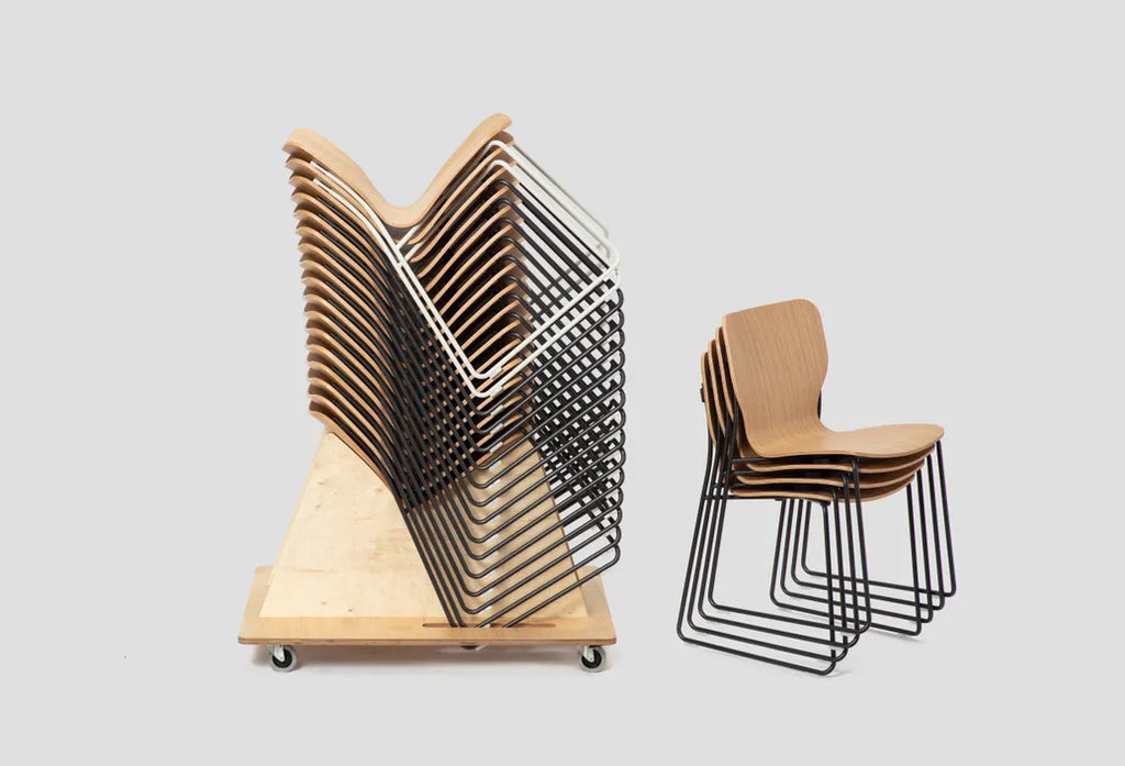Very Good & Proper Pino Super Stacker เก้าอี้โครงเหล็ก ที่นั่ง plywood ซ้อนเก็บได้จำนวนมาก ออกแบบโดย John Tree