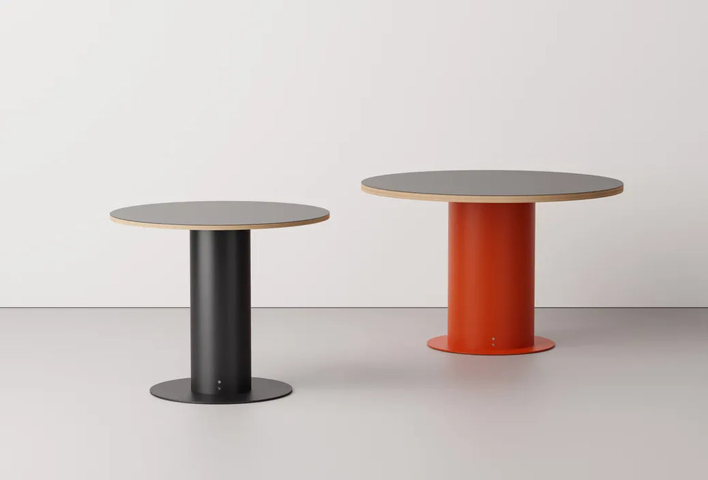 Very Good & Proper Dowel Barrel Table โต๊ะทรงกลมฐานเหล็กทรงกระบอก หน้า linoleum หรือไม้ veneer ออกแบบโดย Team VG&P
