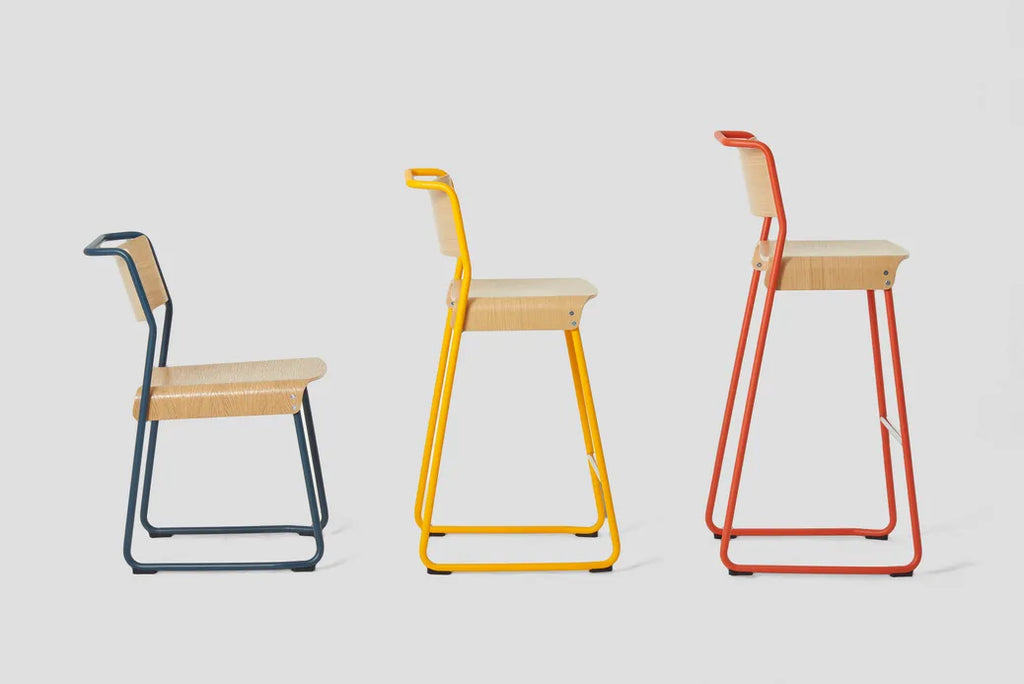 Very Good & Proper Canteen Utility Counter Stool สตูลโครงเหล็ก ที่นั่ง plywood แบบซ้อนเก็บได้ ออกแบบโดย Ed Carpenter และ André Klauser