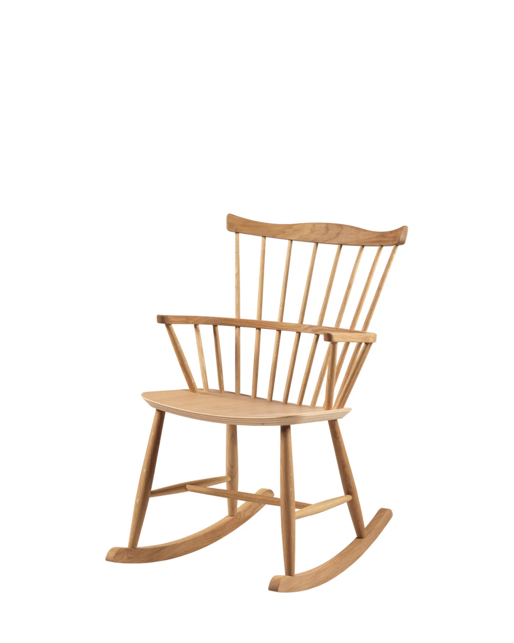 FDB Møbler J52G Rocking Chair โดย Børge Mogensen เก้าอี้โยกไม้โอ๊ก/บีช พนักพิงสไตล์ Windsor ดีไซน์ทศวรรษ 1950 เคลือบน้ำมัน