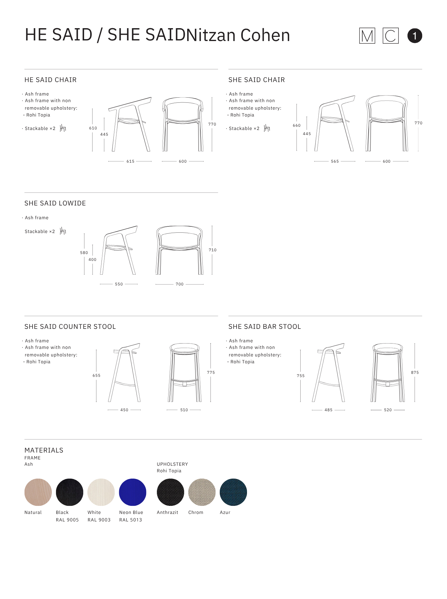 Mattiazzi MC1 HE SAID SHE SAID Chair เก้าอี้ไม้ ash ออกแบบโดย Nitzan Cohen พร้อม armrest ทรงชัดเจนและรายละเอียดงานไม้โค้งต่อเนื่อง